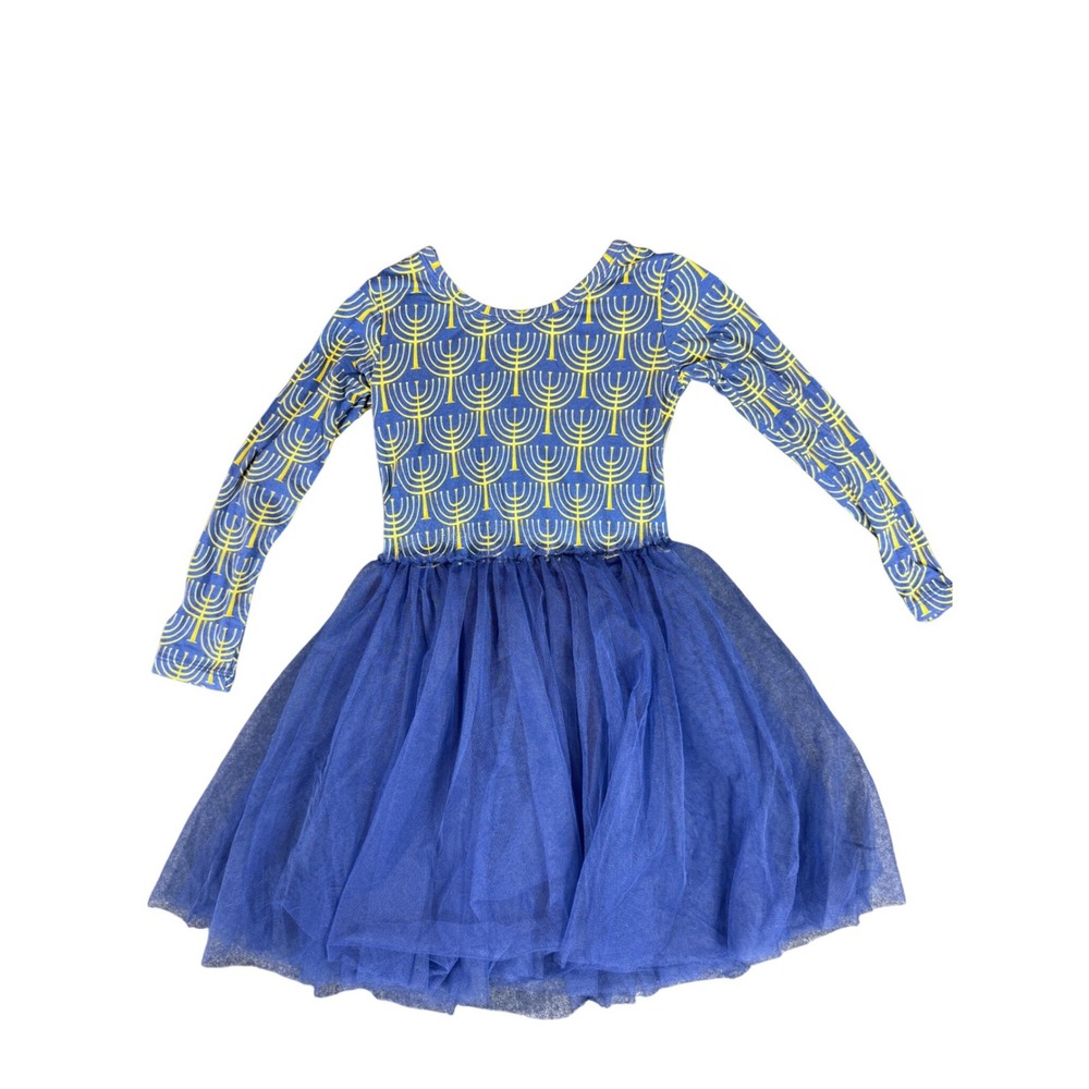 Muse Threads Hanukkah Dress Kids Size 4/5T Blue Yellow Menorah Tulle Skirt